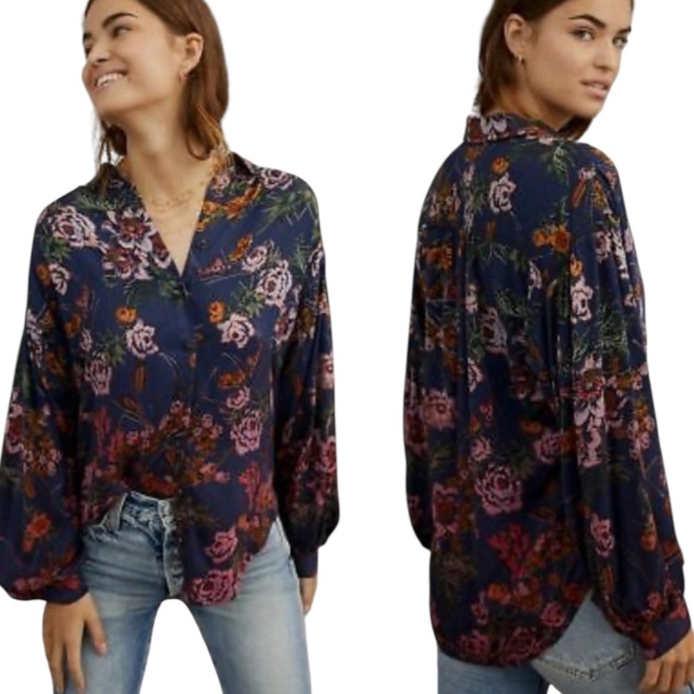 Anthropologie Pilcro Evika Navy Floral Print Oversized Button Down Shirt - XS - Picture 2 of 15